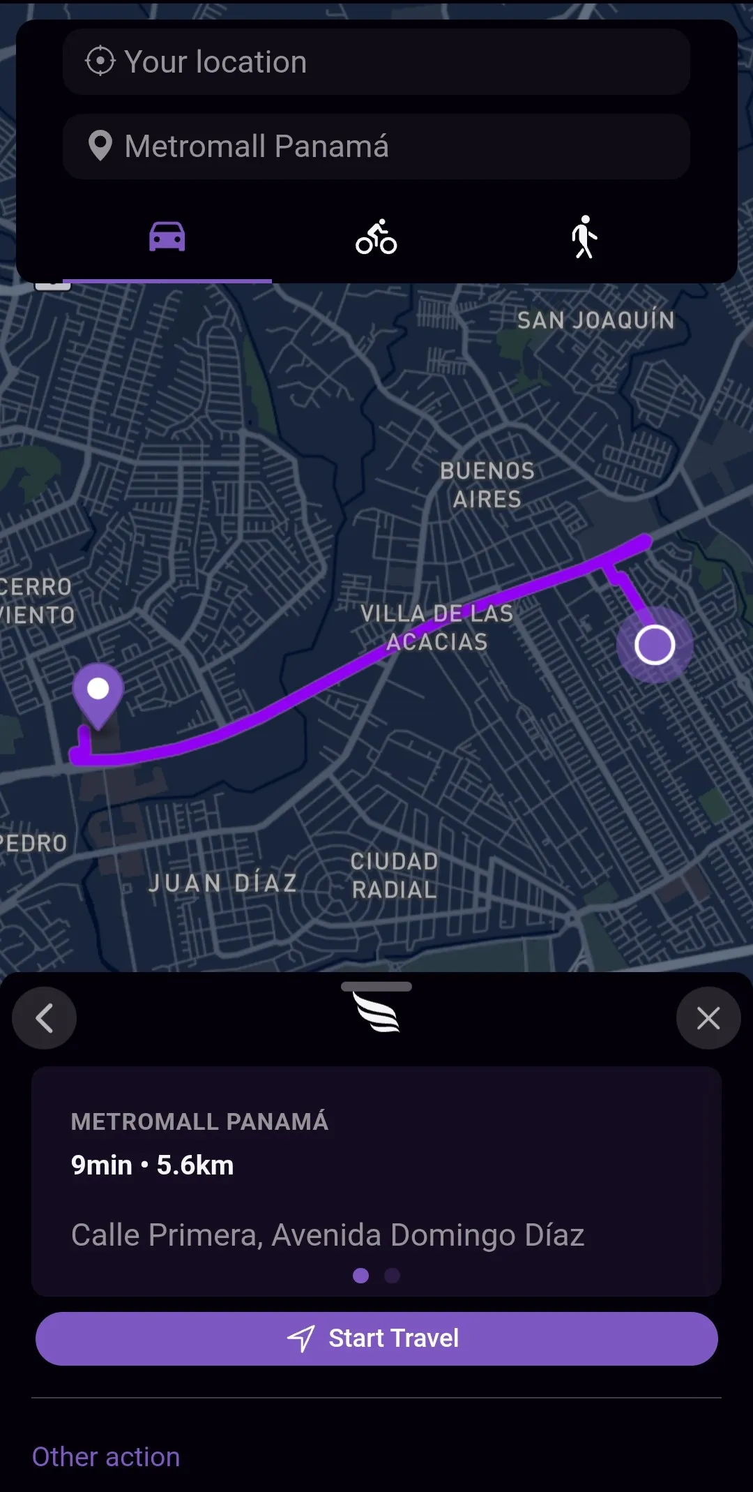 Vista previa de ruta en Ubbi mostrando destino, tiempo estimado y opciones de transporte